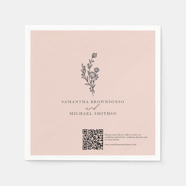 Pink Flower Bouquet Qr Code Wedding Day Napkins