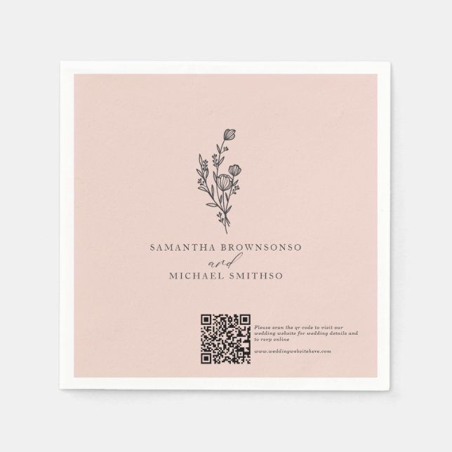 Pink Flower Bouquet Qr Code Wedding Day Napkins (Front)