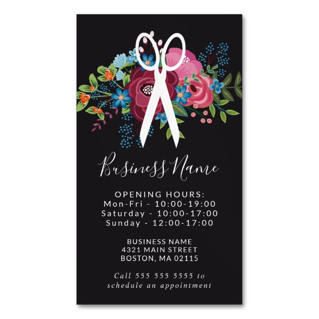Pink Flower Bouquet Scissors Opening Hours Business Card Magnet (Front Vertical)
