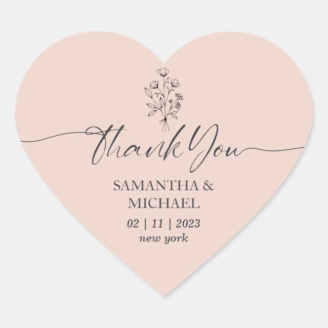 Pink Flower Bouquet Signature Wedding Thank You Heart Sticker
