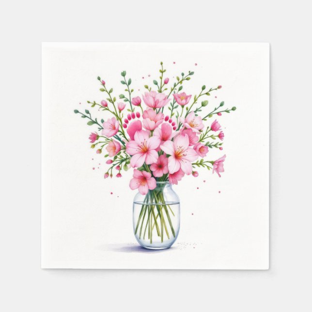 Pink Flower Bouquet With Baby Feet Napkins (Front)