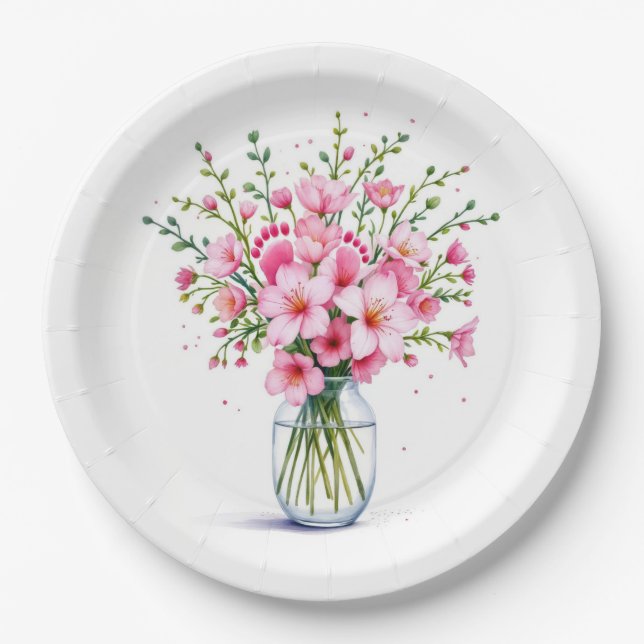 Pink Flower Bouquet With Baby Feet Paper Plates (Front)