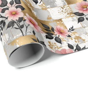 Pink Flower Bouquets with Gold and White Squares Wrapping Paper