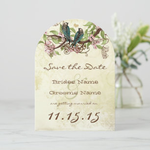 Pink Flower Branch Vintage Teal Bird Save the Date Invitation