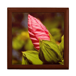 Pink Flower Bud Floral Tile Gift Box, Golden Oak Jewelry Box