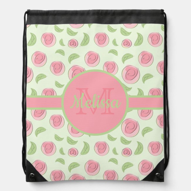 Pink Flower Buds and Leaves Monogrammed Drawstring Bag