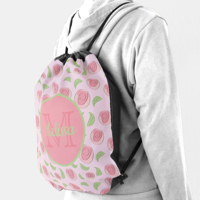Pink Flower Buds and Leaves Monogrammed Drawstring Bag (Creator Uploaded)
