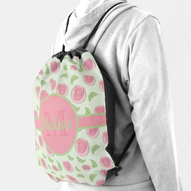 Pink Flower Buds and Leaves Monogrammed Drawstring Bag (Creator Uploaded)