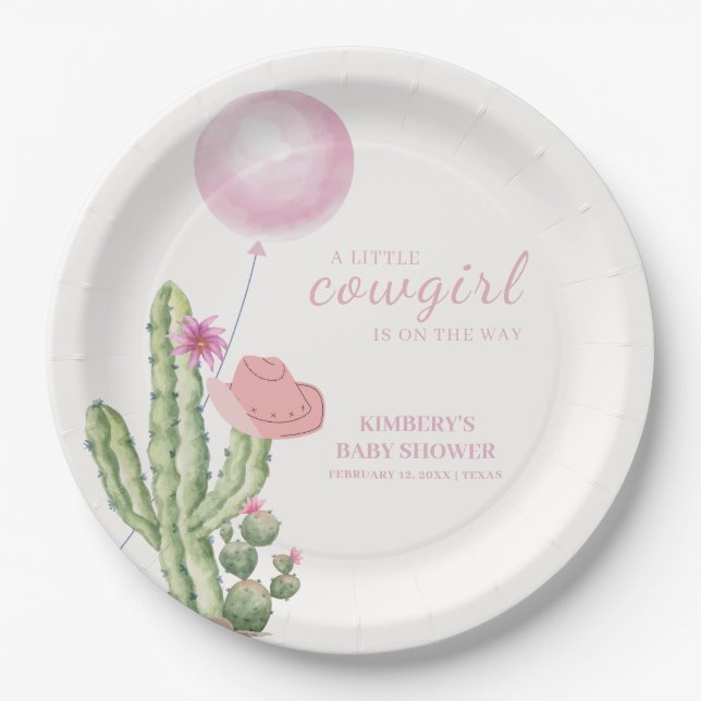 Pink Flower Cactus Balloon Cowgirl Baby Shower  Paper Plates (Front)