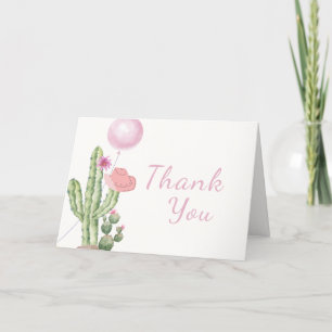 Pink Flower Cactus Balloon Cowgirl Baby Shower  Thank You Card