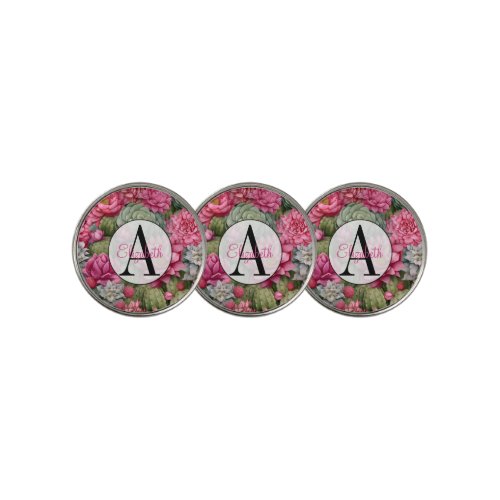 Pink Flower Cactus Monogrammed Golf Ball Marker