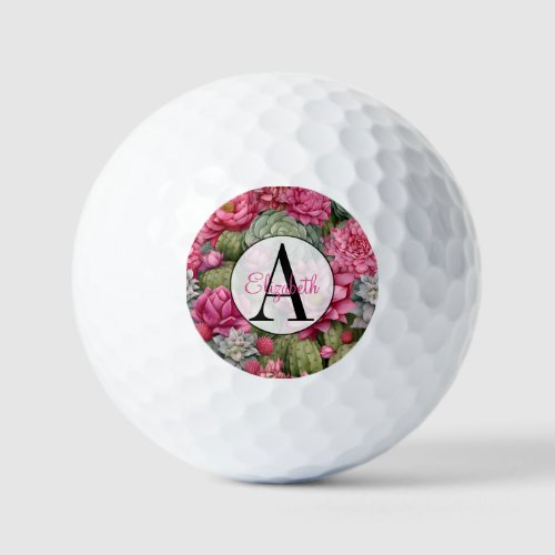 Pink Flower Cactus Monogrammed Golf Balls
