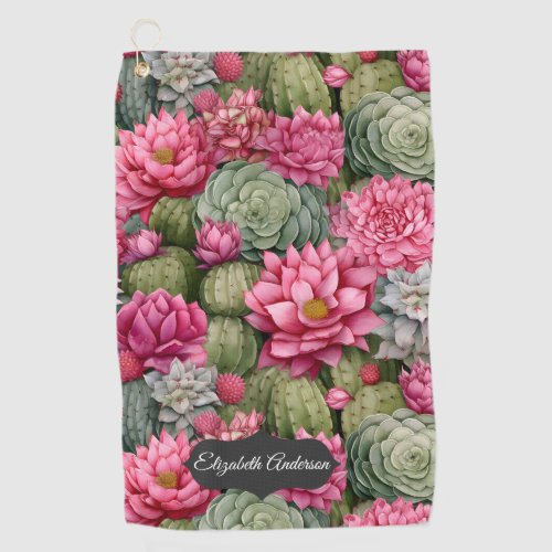 Pink Flower Cactus Personalized   Golf Towel