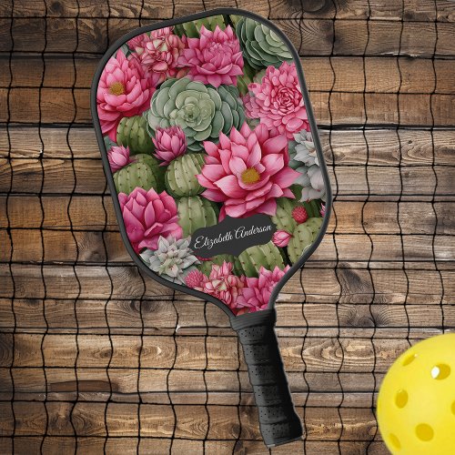 Pink Flower Cactus Personalized   Pickleball Paddle