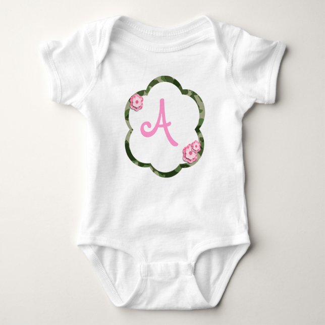 Pink Flower Camo Infant Creeper, White Baby Bodysuit (Front)