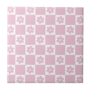 Pink Flower checked pattern Ceramic Tile