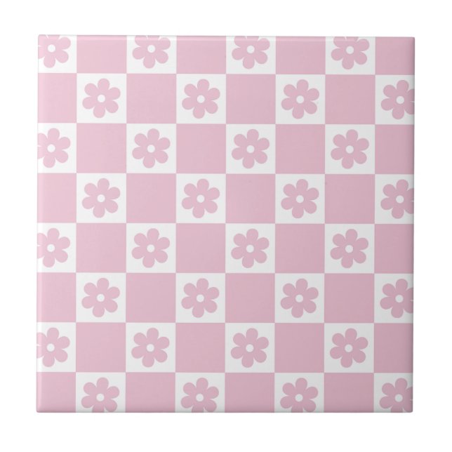 Pink Flower checked pattern Ceramic Tile (Front)