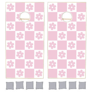 Pink Flower checked pattern Cornhole Set