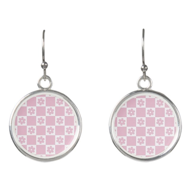 Pink Flower checked pattern Earrings (Front)
