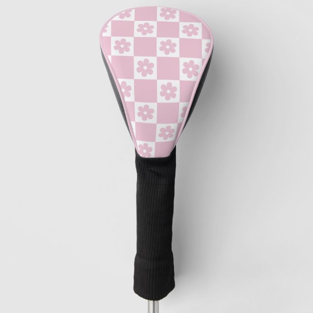 Pink Flower checked pattern Golf Head Cover (Front)