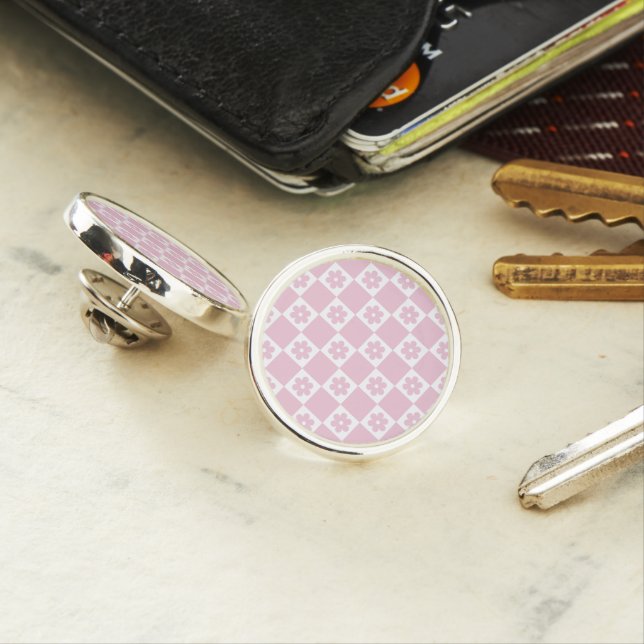 Pink Flower checked pattern Lapel Pin (In Situ)