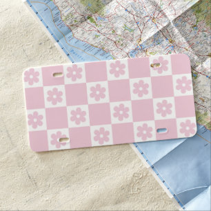 Pink Flower checked pattern License Plate