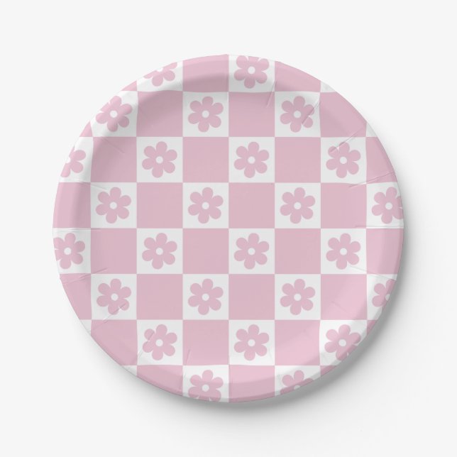 Pink Flower checked pattern Paper Plates (Front)