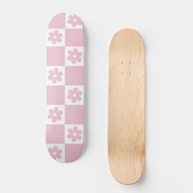 Pink Flower checked pattern Skateboard (Front)