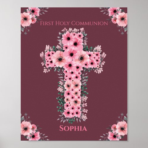 Pink Flower Cross Chic First Holy Communion Girl Poster