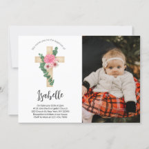 Pink Flower Cross Photo Baptism Invitation