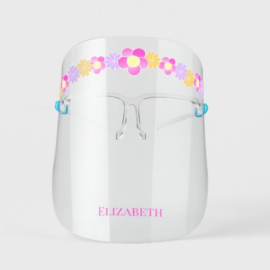 Pink Flower Crown Illustration Kid Girl Name Face Shield (Front)