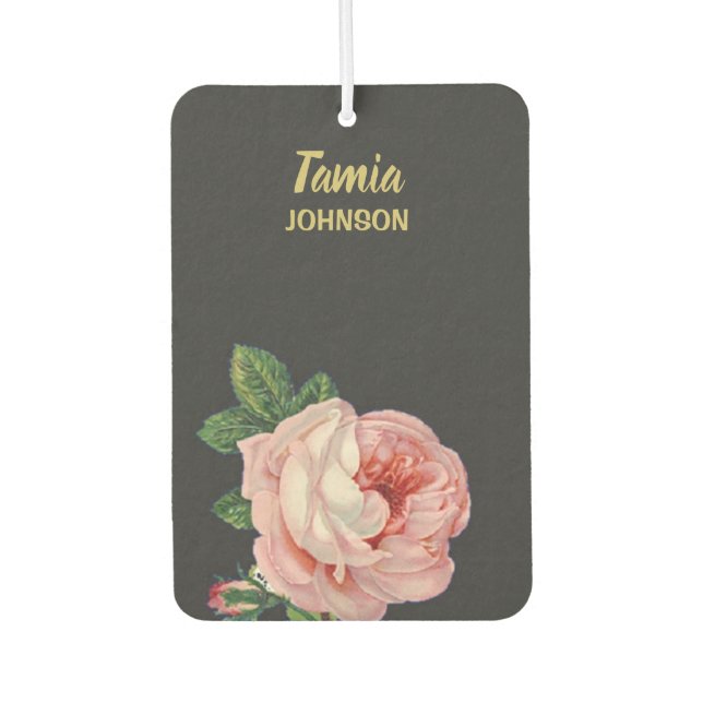 Pink flower custom name gray air freshener (Front)