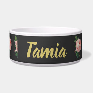 Pink flower custom name gray bowl