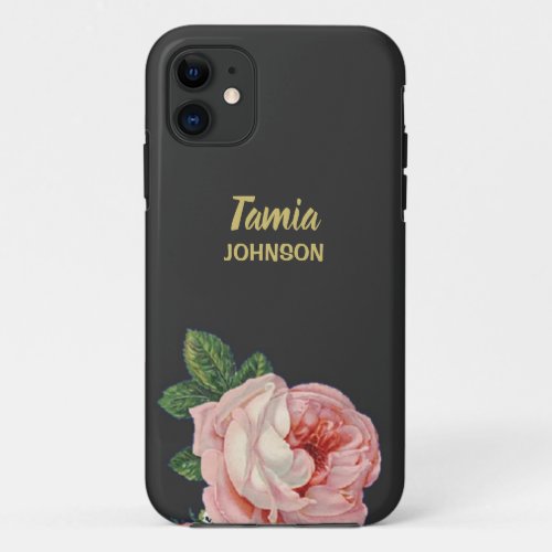 Pink flower custom name gray iPhone 11 case
