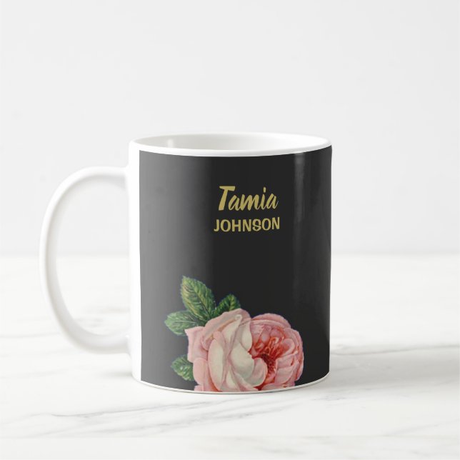 Pink flower custom name gray coffee mug (Left)