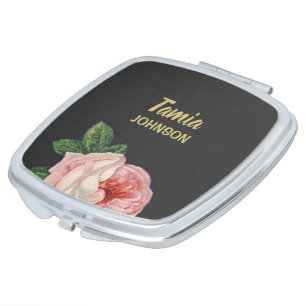 Pink flower custom name gray compact mirror