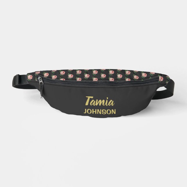 Pink flower custom name gray fanny pack (Front)