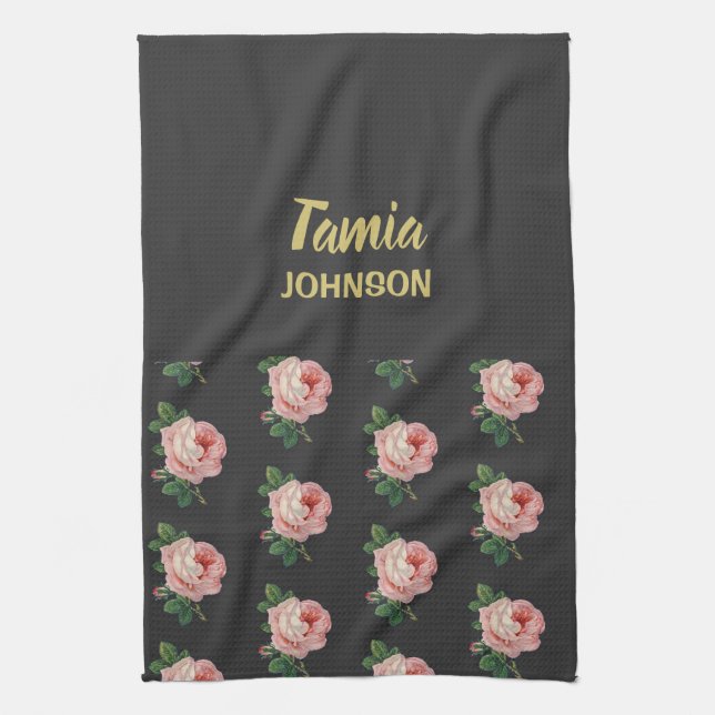 Pink flower custom name gray kitchen towel (Vertical)
