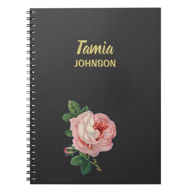 Pink flower custom name gray notebook (Front)