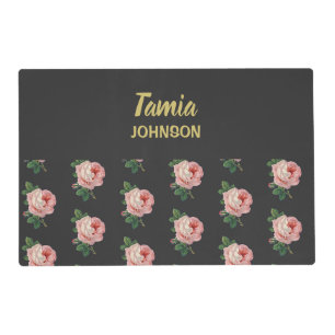 Pink flower custom name gray placemat