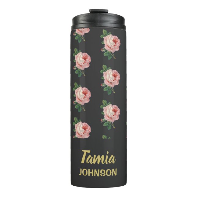 Pink flower custom name gray thermal tumbler (Front)