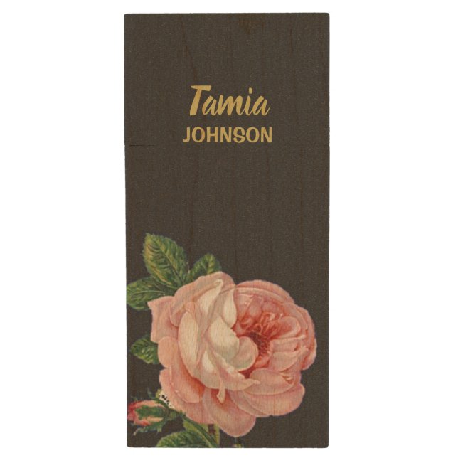 Pink flower custom name gray wood flash drive (Front Vertical)
