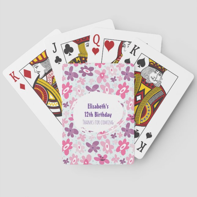 Pink Flower Cute Whimsical Pattern Birthday Thanks Poker Cards (Back)