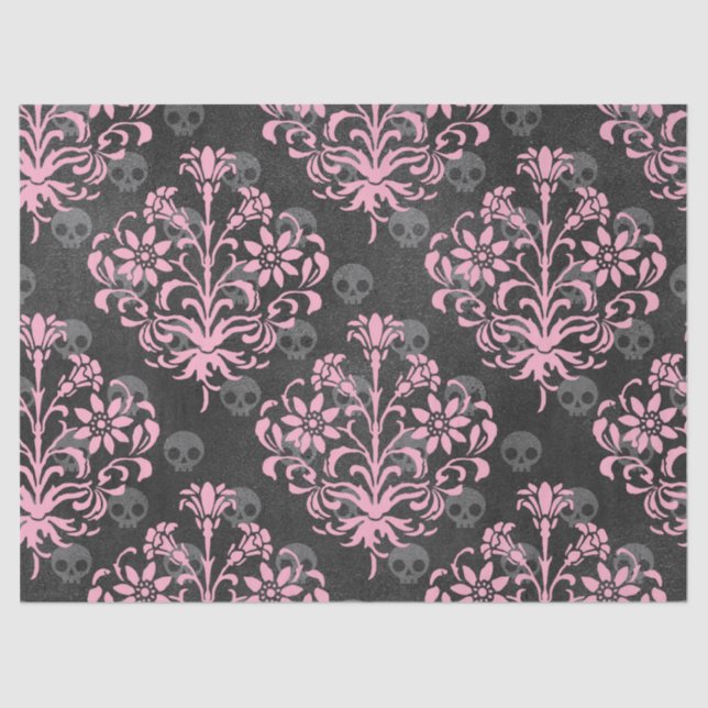 Pink Flower Damask with Skulls on Grey Decoupage Tissue Paper (Front)