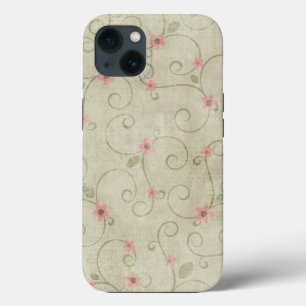 Pink Flower Design On Green iPhone 13 Case