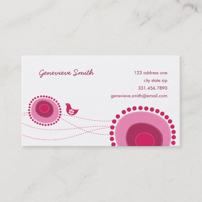 Pink Flower Dots and Happy Bird Fun Profile Card / (Front)
