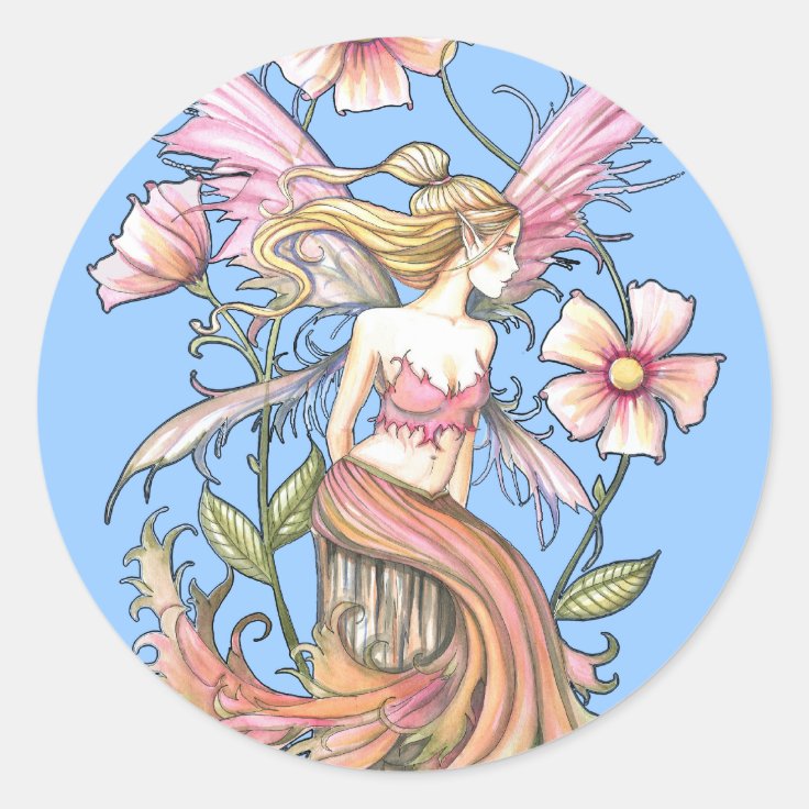 Pink Flower Fairy Art Classic Round Sticker | Zazzle