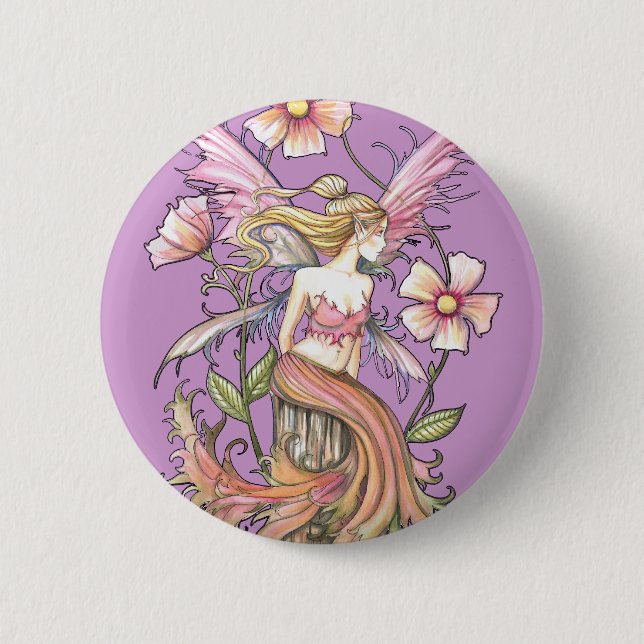 Pink Flower Fairy Art Pinback Button (Front)