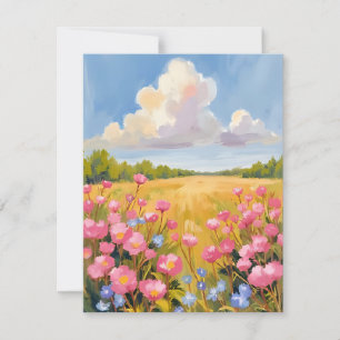 Pink Flower Field Landscape Painting Thank You Card
