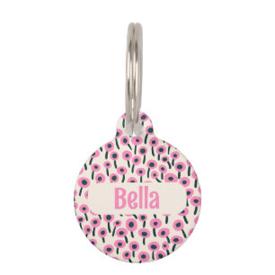 Pink Flower Field with Name and Number - Pet ID Tag